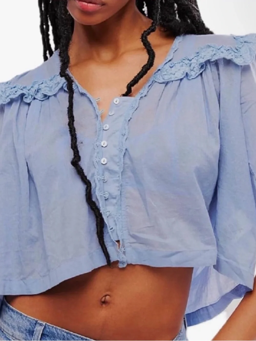 Free People Luna Top color Faded Denim Ruffle-Trim Button Front Blouse Small